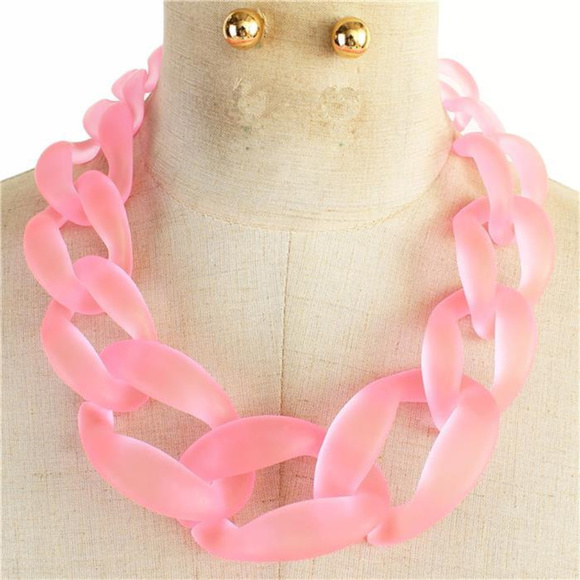 Pink Acrylic Curb Chain Necklace Earring Set - Picture 1 of 4